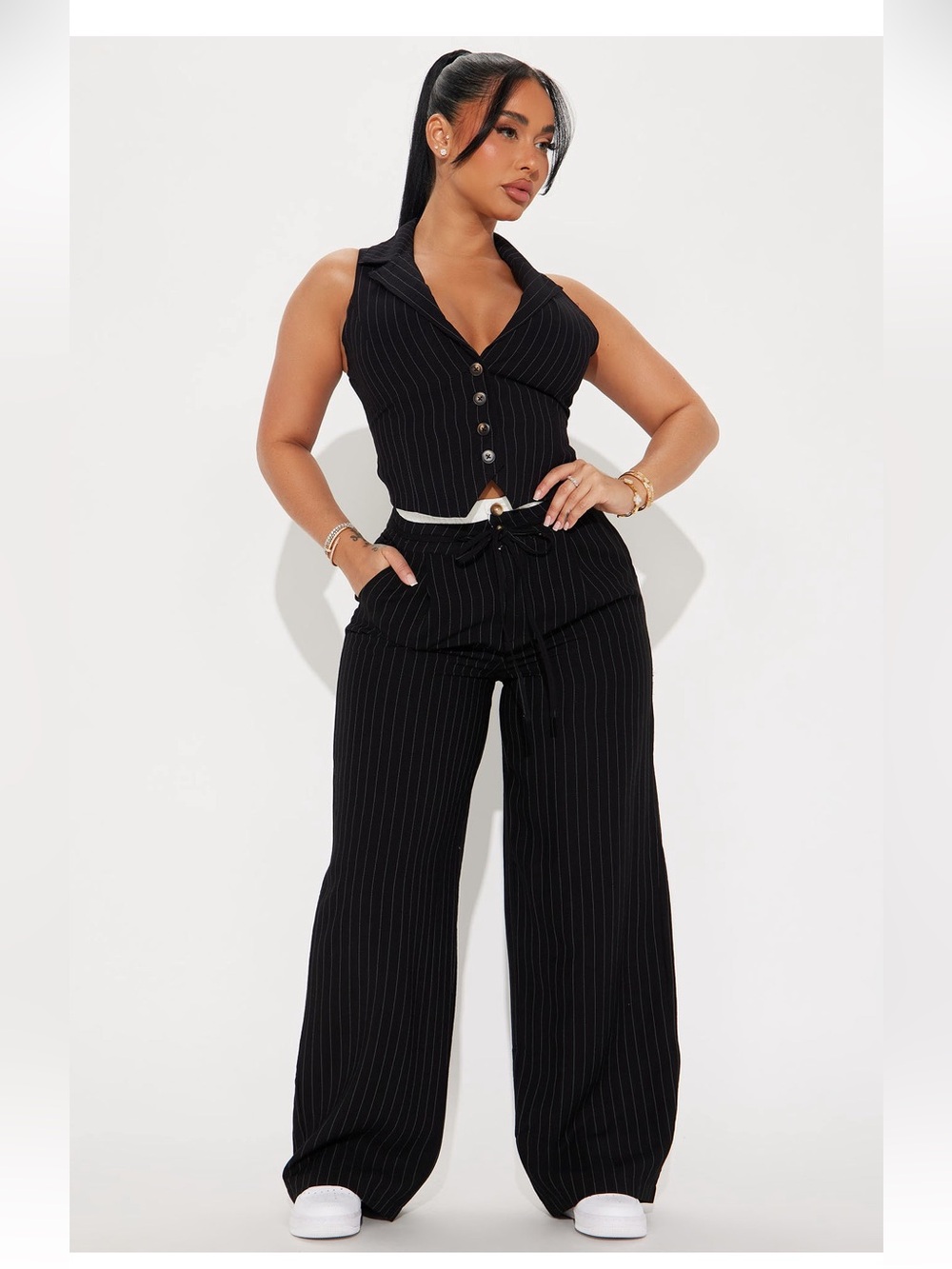 Fashion Nova Black Pinstripe Wide-Leg Pants & Sleeveless Vest Set